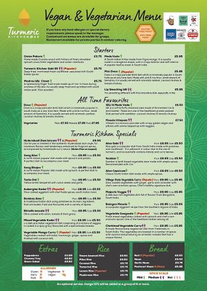 Vegan Menu at Turmeric Kitchen 65 in Taunton