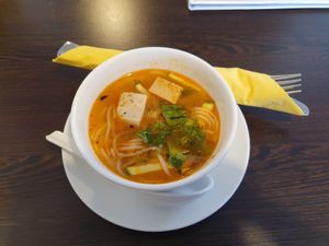 Pre-dish: rice noodle soup at Loving Hut in Hamburg