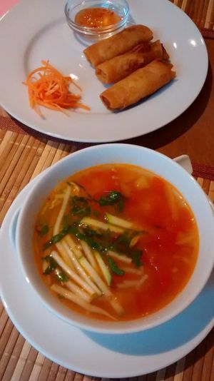 Soup of the day and spring rolls as a first plate (included on the menu) at Loving Hut in Hamburg