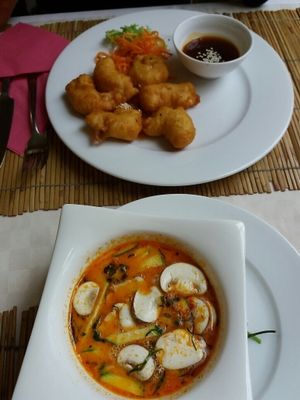 Thai soup and baked ";sea fruit";  at Loving Hut in Hamburg