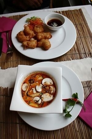 Thai ";shrimp"; soup and baked ";sea fruit";  at Loving Hut in Hamburg