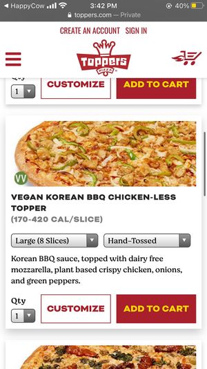 Vegan Korean bbq chicken-less topper at Toppers Pizza in Indianapolis