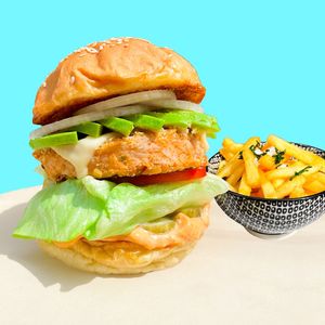 Cali Avocado Burger served with Fries at Golden State Vegan Sushi in Bangkok