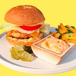IN-N-OUT Seafood Burger served with Sriracha Mayo and Fries at Golden State Vegan Sushi in Bangkok