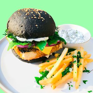Herb Fish Burger served with Tartar Mayo and Fries at Golden State Vegan Sushi in Bangkok