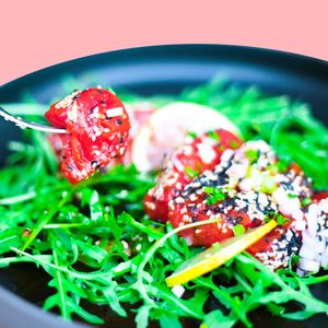 Ahi Tuna Steak - Seared Tuna Steak, Rocket Salad, Citrus Ponzu Glaze at Golden State Vegan Sushi in Bangkok