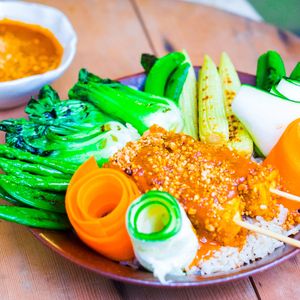 Rainbow Satay Bowl - Baked Peanut Crusted Tofu and Grilled Vegetables served with Satay Peanut Sauce at Golden State Vegan Sushi in Bangkok