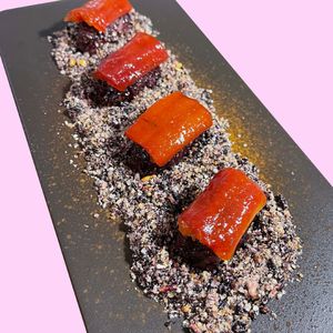 Sticky Banana Sushi Dessert served on Riceberry Crumbles 4pcs at Golden State Vegan Sushi in Bangkok