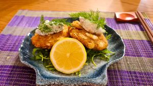 Jack Fruit Crab Cakes with a creamy dill tartar at Golden State Vegan Sushi in Bangkok