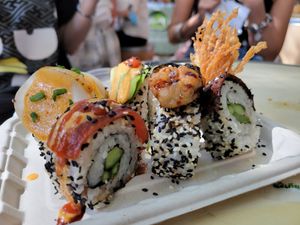 Assorted sushi options at an event at Golden State Vegan Sushi in Bangkok
