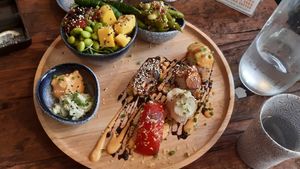 The combo plate at Golden State Vegan Sushi in Bangkok