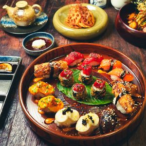 Vegan Sushi Chef's Selection Set (16-piece mixed Nigiri and Maki Sushi)
 at Golden State Vegan Sushi in Bangkok