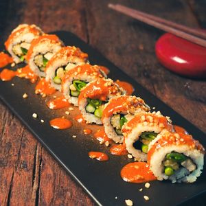 Rainbow Satay Roll
 at Golden State Vegan Sushi in Bangkok