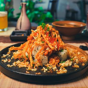 Volcano - Crispy ‘Soft Shell Crab’, Cucumber, Avocado, Red Caviar, Yuzu Chicken, Puffed Rice, Sriracha Mayo at Golden State Vegan Sushi in Bangkok