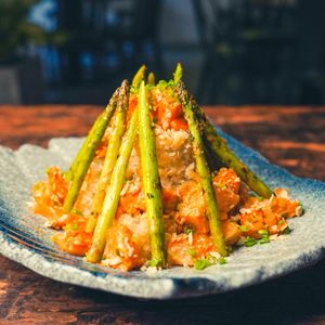 Lobster Tornado - 'Lobster’ Salad, Cucumber, Asparagus, Tempura Crumbs, Sriracha Mayo at Golden State Vegan Sushi in Bangkok