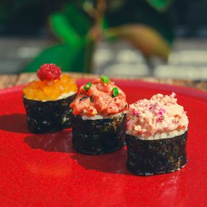 Hokkaido Maki - 'Crab' Salad, Spicy 'Tuna', Daikon Tobiko at Golden State Vegan Sushi in Bangkok