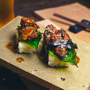 Kaprao Nigiri - Pan Fried Mushroom, Chili, Basil  at Golden State Vegan Sushi in Bangkok