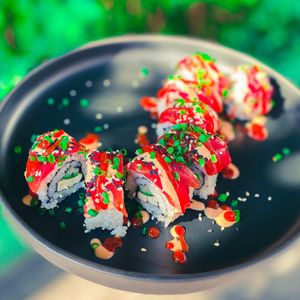 Red Dragon - Watermelon ‘Tuna’, Tofu, Cucumber, Hot Sauce, Sriracha Mayo at Golden State Vegan Sushi in Bangkok