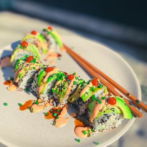 Green Dragon - Avocado, Tofu, Cucumber, Hot Sauce, Sriracha Mayo at Golden State Vegan Sushi in Bangkok