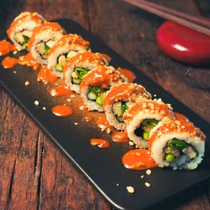 Rainbow Satay - Tofu, Asparagus, Baby Corn, Peanuts, Green Beans, Satay Peanut Sauce at Golden State Vegan Sushi in Bangkok