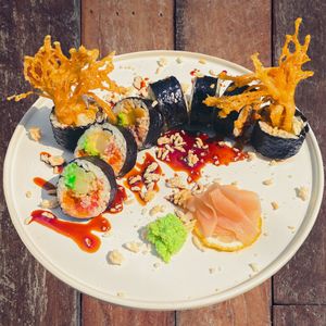 Spider -Tempura Enoki Mushroom Soft Shell Crab, Avocado, Ikura, Daikon, Puffed Rice, Vegan Sweet 'Eel' Sauce   at Golden State Vegan Sushi in Bangkok