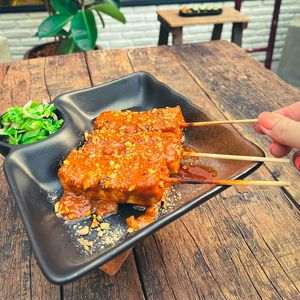Tofu Satay Skewers - Baked Tofu, Satay Peanut Sauce, Asian Salsa at Golden State Vegan Sushi in Bangkok