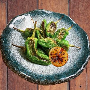 Roasted Shishito - Grilled Shishito Peppers, Smoked Salt, Charred Lemon at Golden State Vegan Sushi in Bangkok