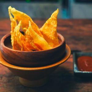 Wonton Chips served with Mexican Dipping Sauce at Golden State Vegan Sushi in Bangkok