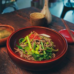 Cold Sesame Soba -Japanese Soba, Tobiko, Edamame, Spinach, Toasted Sesame Dressing at Golden State Vegan Sushi in Bangkok