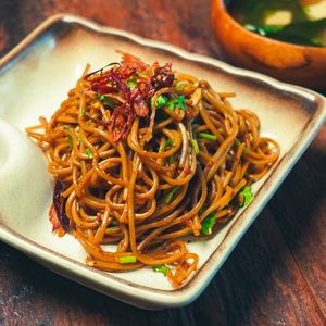 Chili Soba - Japanese Soba, Crispy Shallots, Szechuan Chili Oil  at Golden State Vegan Sushi in Bangkok