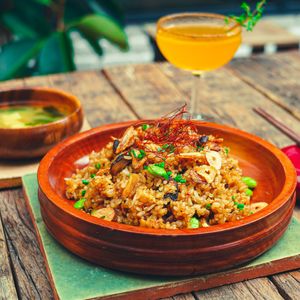 Garlic Fried Rice - Japanese Fried Rice, Edamame, Mushroom, Garlic Chips at Golden State Vegan Sushi in Bangkok
