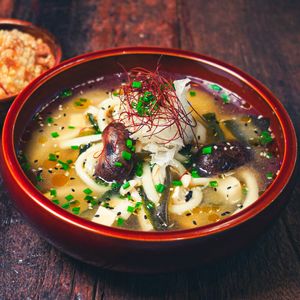 Miso Udon Soup - Japanese Udon, Miso Soup, Mushroom, Tofu, Seaweed, Chili Oil at Golden State Vegan Sushi in Bangkok