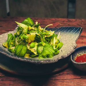 Zen Garden -Avocado, Edamame, Sunflower Sprouts Lettuce, Asparagus, Cucumber, Green Beans, Tempura, Sesame Dressing at Golden State Vegan Sushi in Bangkok