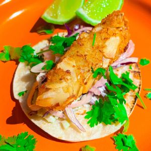 Fish Tacos - Coconut-Almond Crusted Banana Blossom 'Fish' Fillets, Grilled Tortilla, Ranch Coleslaw at Golden State Vegan Sushi in Bangkok