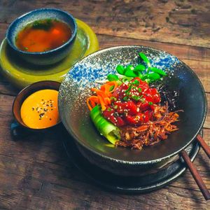 Tuna Poke - Watermelon 'Tuna', Avocado, Sunflower Sprouts, Carrots, Crispy Shallots, Sriracha Mayo, Japanese Rice at Golden State Vegan Sushi in Bangkok