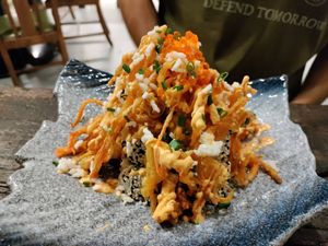 Volcano stacked sushi at Golden State Vegan Sushi in Bangkok