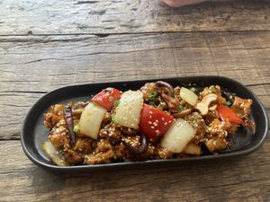 Yuzu chicken dish, likely made from mushroom   at Golden State Vegan Sushi in Bangkok