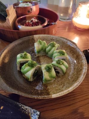 Yuzu and tempura pepper sushi at Golden State Vegan Sushi in Bangkok