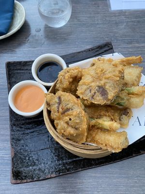 mushroom tempura (brown sauce isnt vegan) ((has fish sauce))  at Takato in Fort Lauderdale