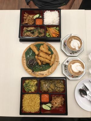 Tempeh fingers, mutton briyani, chicken pong teh and coffee latte   at Crown Colony Cuisine in Petaling Jaya