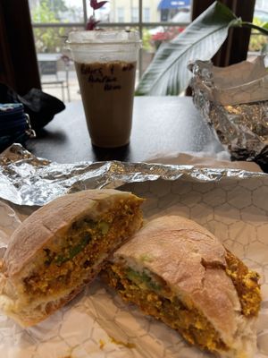 Animal style breakfast sandwich and potters potion  at Source Coffeehouse in Bridgeport