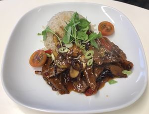 Special of the day: Chinese style seitan strips with rice. “Best meal in a vegan cafe, ever”   at Vegan Earth in Ayr
