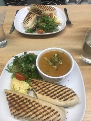 chickpea tuna panini and soup. falafel panini  at Vegan Earth in Ayr