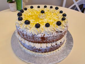 Lemon and blueberry gateau. at Vegan Earth in Ayr
