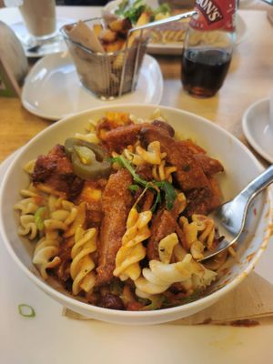 chilli seitan beef with wholemeal pasta  at Vegan Earth in Ayr