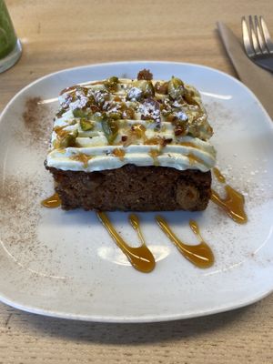 Carrot cake (gluten free) with pistachio cream  at Vegan Earth in Ayr