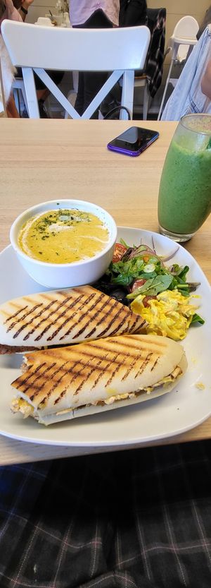 Cajun seitan panini with carrot and coriander soup at Vegan Earth in Ayr