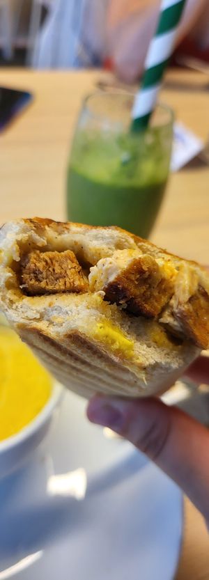 Cajun seitan, mayo and cheese panini at Vegan Earth in Ayr