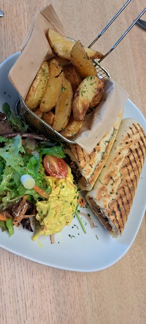 Seitan steak and caramelised onion panini & fries at Vegan Earth in Ayr