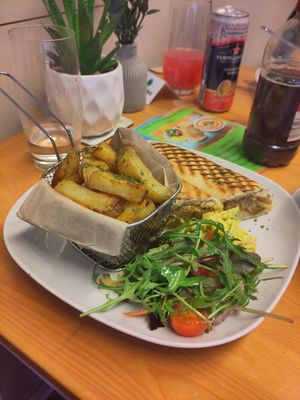 Homemade Cajun seitan panini, hand cut chips! at Vegan Earth in Ayr